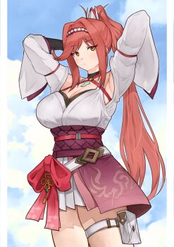 Rule 34 | 1girl, absurdres, armpits, arms behind head, bow, breasts, brown eyes, commentary request, glimmer (xenoblade), hairband, highres, large breasts, long hair, partial commentary, pleated skirt, ponytail, pouch, red bow, red hair, skirt, thigh pouch, wide sleeves, xenoblade chronicles (series), xenoblade chronicles 3, xenoblade chronicles 3: future redeemed, yotsuha uni