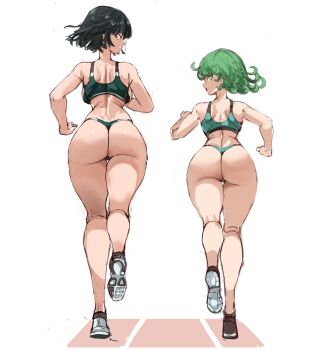 2girls ass bikini black_hair breasts curly_hair curvy exercising female_focus flipped_hair from_behind fubuki_(one-punch_man) full_body green_eyes green_hair highres huge_ass jogging large_breasts looking_at_viewer matching_hair/eyes multiple_girls one-punch_man pear-shaped_figure petite rakeemspoon running running_track ryona shiny_skin shoes short_hair siblings simple_background sisters small_breasts smile sneakers sports_bikini swimsuit tatsumaki thong thong_bikini track_uniform white_background wide_hips