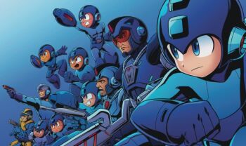6+boys arm_cannon armor blue_eyes capcom cover_art cover_box_art frown grin gun helmet looking_to_the_side mega_man_(classic) mega_man_1 mega_man_10 mega_man_11 mega_man_2 mega_man_3 mega_man_4 mega_man_5 mega_man_6 mega_man_7 mega_man_8 mega_man_9 multiple_boys no_humans robot robot_ears rockman_(game) serious smile smug weapon