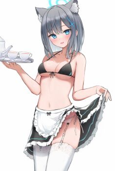 1girl :d alternate_costume animal_ear_fluff animal_ears apron bikini black_bikini black_skirt blue_archive blue_eyes blue_halo blush breasts collarbone commentary_request cowboy_shot cross_hair_ornament cup enmaided frilled_apron frilled_skirt frills front-tie_bikini_top front-tie_top garter_straps grey_hair hair_between_eyes hair_ornament halo halterneck highres holding holding_tray honyuuruinomoto lace lace-trimmed_thighhighs lace_trim looking_at_viewer maid maid_bikini medium_breasts medium_hair mismatched_pupils navel open_mouth shiroko_(blue_archive) sidelocks simple_background skirt smile solo standing stomach string_bikini swimsuit tea teacup teapot thighhighs tray unconventional_maid waist_apron white_apron white_background white_thighhighs wolf_ears