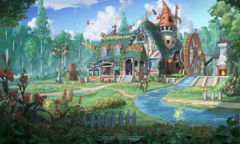 1girl aqua_cape artist_name bag belt blonde_hair blue_hat blue_sky book boots brick_wall broom broom_riding brown_footwear building cape chimney chinese_commentary clothesline cloud commentary_request crane_(machine) dormer dress english_text fairy fence flower flying forest furnace glowing grass green_dress hat highres holding holding_book holding_staff house ivy medium_hair merlimambrosuis nature neckerchief open_book open_window orange_flower original outdoors path people picket_fence pink_neckerchief plant potted_plant reading red_flower road satchel scenery shirt sign sky sparkle staff stairs standing stream sunflower tree unworn_clothes water_wheel white_fence white_shirt windmill window witch witch_hat wooden_fence yellow_flower