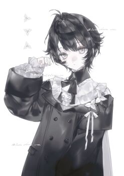 1girl absurdres androgynous black_coat black_hair coat frilled_sleeves frills grey_hair hair_between_eyes heilanshuimuchu highres long_sleeves looking_at_viewer original short_hair simple_background sleeves_past_wrists solo white_background