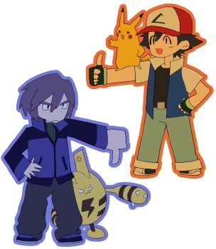 2boys 519luck :d ash_ketchum black_gloves black_hair blue_jacket closed_mouth collared_shirt elekid fingerless_gloves frown gen_1_pokemon gen_2_pokemon gloves hair_between_eyes hat jacket male_focus multiple_boys nintendo open_mouth orange_outline outline pants paul_(pokemon) pikachu pokemon pokemon_(anime) pokemon_(creature) pokemon_dppt_(anime) purple_hair purple_outline shirt short_hair simple_background smile thumbs_down thumbs_up white_background