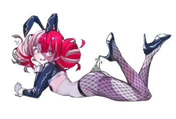 1girl alternate_costume animal_ears arched_back ass blush colored_skin commentary double_bun embarrassed english_commentary fake_animal_ears fang fishnets grey_hair grey_skin hair_bun heterochromia high_heels highres hololive hololive_indonesia hooked_on_heel kghazir kureiji_ollie lace_pantyhose_hooked_on_heel_(meme) legs lying meme multicolored_hair multicolored_skin on_stomach open_mouth patchwork_skin rabbit_ears red_hair simple_background solo stitched_arm stitched_face stitched_leg stitched_torso stitches sweat symbol-shaped_pupils two-tone_skin virtual_youtuber white_background x-shaped_pupils yellow_eyes zombie