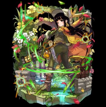 1girl ass black_background black_eyes black_hair blunt_bangs boots breasts brown_boots cloak closed_mouth earrings fence flower from_behind full_body gatling_gun gloves grass green_jacket green_pants green_vest gun hat highres holding holding_gun holding_weapon jacket jewelry leaf long_hair looking_at_viewer looking_back merc_storia merc_storia_art_team official_art orange_clouds pants raiffine_(merc_storia) red_gloves simple_background sleeves_rolled_up small_breasts solo standing tachi-e tareme two-sided_cloak two-sided_fabric vest water weapon white_flower white_hat yellow_cloak yellow_flower