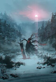 Rule 34 | 1girl, absurdres, amaryllis no, animal ears, asymmetrical wings, black dress, black skin, blood, bloody weapon, branch, colored skin, commentary, demon, dress, english commentary, fog, greatsword, highres, mountain, nature, o o, original, outdoors, planted, planted sword, planted weapon, snow, solo, sun, sunrise, sword, torn clothes, weapon, wide shot, wings