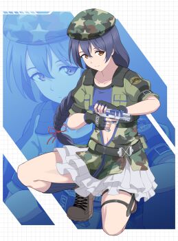 Rule 34 | 1girl, absurdres, beret, black gloves, blue hair, braid, brown eyes, brown shoes, camouflage, camouflage headwear, camouflage skirt, closed mouth, cocking gun, collarbone, commentary, english commentary, enola 013, fingerless gloves, frilled skirt, frills, full body, gloves, green jacket, gun, handgun, hat, highres, holding, holding gun, holding weapon, jacket, long hair, love live!, love live! school idol festival, love live! school idol project, military uniform, navel, on one knee, partially unzipped, print headwear, print skirt, shoes, sideways glance, single braid, skirt, socks, solo, sonoda umi, star (symbol), star print, thigh strap, weapon, zoom layer