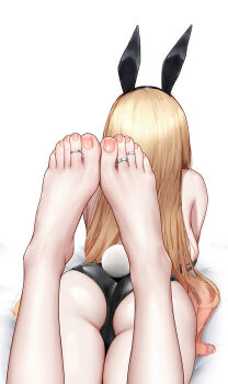 1girl animal_ear_hairband animal_ears ass backboob bare_legs bare_shoulders barefoot black_leotard blonde_hair breasts facing_away fake_animal_ears fake_tail feet feet_up foot_focus from_behind hairband jewelry kitagawa_marin large_breasts legs leotard long_hair lying medium_breasts nail_polish on_stomach playboy_bunny rabbit_ear_hairband rabbit_ears rabbit_tail simple_background solo sono_bisque_doll_wa_koi_wo_suru stomach tail the_pose toe_ring toenail_polish toenails toes very_long_hair wd_(1106592840) white_background