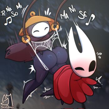 1boy 1girl arthropod_boy arthropod_girl ass bent_over black_cape black_eyes black_skin blurry blurry_background brown_hat cape cloak closed_eyes colored_skin commentary cymbals english_commentary flying_sweatdrops giving_wedgie hat highres hollow_eyes hollow_knight hollow_knight:_silksong hornet_(hollow_knight) horns instrument music musical_note on_ass red_cloak semi_draws sherma_(hollow_knight) silk singing spider_web twitching uneven_eyes wedgie