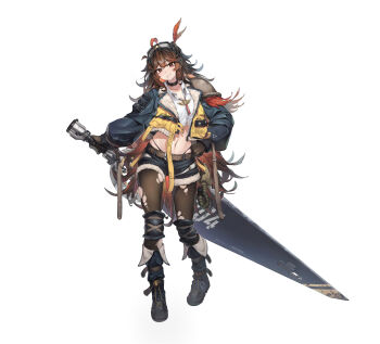 Rule 34 | 1girl, ahoge, armor, belt, black choker, black panties, black pantyhose, boots, brown eyes, brown gloves, brown hair, choker, collarbone, crop top, cropped jacket, cropped shirt, di le to, fur-trimmed shorts, fur trim, gloves, goggles, goggles on head, highleg, highleg panties, highres, holding, holding sword, holding weapon, huge weapon, knee armor, long hair, looking at viewer, navel, one side up, original, panties, pantyhose, shirt, shorts, shoulder armor, skindentation, standing, stomach, sword, torn clothes, torn pantyhose, underwear, very long hair, weapon, white shirt