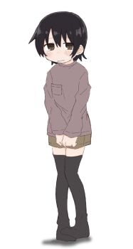 1girl black_hair black_thighhighs blush breast_pocket brown_eyes brown_shirt brown_shorts clenched_teeth female_focus flat_chest full_body long_sleeves looking_at_viewer original own_hands_together pocket ponnu_(tnpn2yw) shirt short_hair short_shorts shorts sidelocks simple_background solo standing teeth thighhighs v_arms white_background