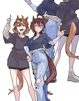 2girls agnes_tachyon_(umamusume) ahoge animal_ears arm_around_waist black_shirt black_shorts blue_pants breasts brown_hair chemical_structure closed_mouth clothing_cutout commentary_request denim earrings hair_between_eyes hair_ornament hairclip highres horse_ears horse_girl horse_tail jeans jewelry jungle_pocket_(umamusume) layered_sleeves long_shirt long_sleeves medium_hair multiple_girls necklace notched_ear open_mouth pants purple-tinted_eyewear red_eyes shirt shoes short_hair short_over_long_sleeves short_sleeves shorts single_earring smile sonabaija sunglasses tail tail_through_clothes teeth tinted_eyewear torn_clothes torn_pants umamusume white_shirt yellow_eyes