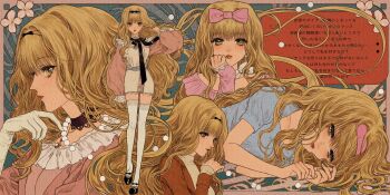 Rule 34 | 1girl, alternate costume, black bow, black choker, black footwear, black hairband, blonde hair, blue shirt, bow, choker, collar, dress, elbow gloves, footwear bow, frilled collar, frilled dress, frills, gem, gloves, hair bow, hairband, hand in own hair, headband, highres, jacket, jewelry, lace-trimmed sleeves, lace trim, light smile, long hair, long sleeves, lying, mashiro rima, neck ribbon, necklace, on side, open clothes, open jacket, parted lips, pearl necklace, pink bow, pink dress, pink headband, pink sleeves, puffy short sleeves, puffy sleeves, red gemstone, red jacket, red lips, ribbon, ry1115275908, shirt, shoes, short dress, short sleeves, shugo chara!, socks, standing, sweater, thighhighs, turtleneck, turtleneck sweater, wavy hair, white dress, white gloves, white socks, yellow eyes