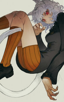 1girl :3 animal_ear_fluff animal_ears arm_at_side black_shirt black_shoes buttons cat_ears cat_girl cat_tail chimera_ant claw_pose closed_mouth curly_hair doll_joints eyelashes fewer_digits fingernails grey_hair hand_up highres hunter_x_hunter joints long_sleeves looking_at_viewer low_block_heels morry neferpitou orange_shorts orange_socks penny_loafers red_eyes sharp_fingernails shirt shoes short_hair shorts simple_background slit_pupils socks solo striped_clothes striped_shorts striped_socks tail tight_clothes white_background