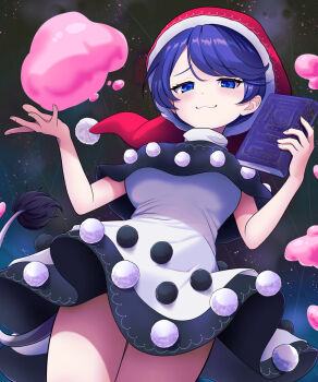 1girl :3 black_capelet black_dress blob blue_eyes blue_hair blush book breasts capelet commentary_request doremy_sweet dot_nose dream_soul dress from_below half-closed_eyes hands_up hat highres holding holding_book kisaragi_koushi large_breasts light_blush looking_at_viewer multicolored_dress nightcap nightgown pom_pom_(clothes) red_hat short_hair short_sleeves smile solo space star_(sky) swept_bangs tail tapir_tail touhou white_dress