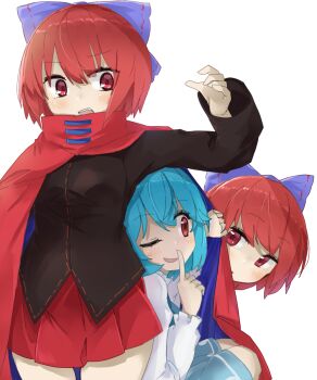 2girls black_shirt blue_bow blue_hair blue_skirt bow cape cloak disembodied_head floating_head hair_bow highres juliet_sleeves long_sleeves miniskirt multiple_girls nukekubi one_eye_closed puffy_sleeves red_cape red_cloak red_eyes red_hair red_skirt sekibanki shirt short_hair skirt tatara_kogasa touhou tyouseki white_shirt