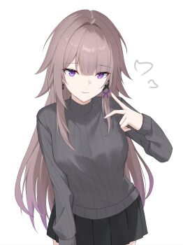 1girl absurdres alternate_costume black_skirt black_sweater breasts brown_hair cowboy_shot hair_ribbon hand_up herta_(honkai:_star_rail) highres honkai:_star_rail honkai_(series) long_hair long_sleeves looking_at_viewer medium_breasts nail_polish nicel parted_lips pleated_skirt purple_eyes purple_nails ribbon simple_background skirt smile solo sweater the_herta_(honkai:_star_rail) turtleneck turtleneck_sweater very_long_hair white_background