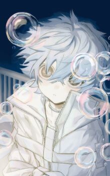 114sqq 1other absurdres blue_hair bubble choker fence from_above hair_between_eyes hashtag-only_commentary highres indie_virtual_youtuber jacket messy_hair oversized_clothes pale_skin short_hair solid_circle_pupils solo upper_body white_jacket yukue_fumei zipper