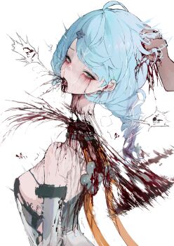 1girl absurdres blood blud_spine blue_hair braid breasts commentary_request corpse decapitation disembodied_hand green_eyes guro highres korean_commentary medium_breasts seed_(zenless_zone_zero) solo_focus zenless_zone_zero