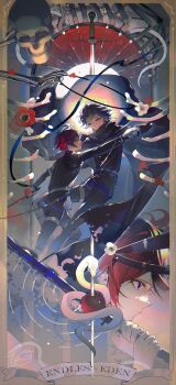 2boys absurdres ahoge aotsuki_eito apple barbed_wire black_cloak black_halo black_jacket black_pants black_streaks blue_eyes bone cathon613 chinese_commentary cloak commentary_request flower food fruit gakuran gashadokuro glasses gloves grey_hair grin halo highres holding holding_knife holding_sword holding_weapon jacket knife last_defense_academy_school_uniform looking_at_another male_focus multicolored_hair multiple_boys official_alternate_hairstyle pants partial_commentary purple_eyes red_flower red_hair ribs school_uniform short_hair signature skeleton smile snake spoilers streaked_hair sumino_takumi sword the_hundred_line_-last_defense_academy- weapon white_flower white_gloves white_snake