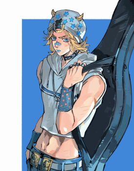 Rule 34 | 1boy, arm up, bandaid, bandaid on face, bandaid on nose, beanie, belt, belt buckle, blonde hair, blue eyes, blue hoodie, blue lips, blue pants, buckle, choker, cropped hoodie, denim, guitar case, hand in pocket, hat, highres, hood, hood down, hoodie, horseshoe ornament, instrument case, jeans, jewelry, johnny joestar, jojo no kimyou na bouken, lipstick, makeup, male focus, midriff, multiple rings, navel, necklace, pants, ring, sleeveless, sleeveless hoodie, solo, standing, star (symbol), steel ball run, studded choker, xing wei (likin000)