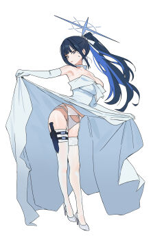 Rule 34 | 1girl, absurdres, blue archive, blue hair, blue halo, breasts, choker, cleavage, clothes lift, colored inner hair, commentary, dress, dress lift, elbow gloves, garter belt, garter straps, gloves, halo, high heels, highres, knife sheath, large breasts, multicolored hair, official alternate costume, panties, ponytail, riel (rielilu), saori (blue archive), saori (dress) (blue archive), sheath, solo, thigh sheath, thighhighs, underwear, white choker, white dress, white garter straps, white gloves, white panties, white thighhighs