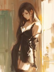 Rule 34 | 1girl, artist request, bad link, bare shoulders, black dress, black hair, breasts, cleavage, dangle earrings, dress, earrings, final fantasy, final fantasy vii, final fantasy vii remake, fingerless gloves, gloves, highres, jewelry, long hair, looking down, navel, short shorts, shorts, solo, third-party source, tifa lockhart, watercolor background, watercolor effect