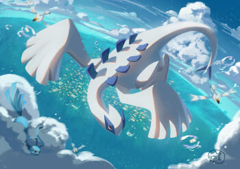 above_clouds altaria bubble cloud commentary_request day flying gen_2_pokemon gen_3_pokemon highres legendary_pokemon lugia nichika_yuu nintendo no_humans ocean outdoors pokemon pokemon_(creature) pokemon_focus red_eyes sky wingull