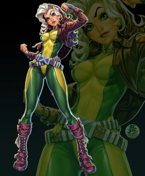 Rule 34 | 1girl, bodysuit, breasts, brown hair, colored bangs, gloves, green bodysuit, green eyes, highres, jacket, long hair, looking at viewer, mark brooks, marvel, multicolored bodysuit, multicolored hair, rogue (x-men), smile, solo, superhero costume, two-tone hair, white hair, x-men, yellow bodysuit