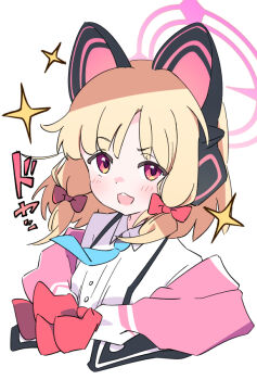 1girl animal_ear_headphones animal_ears blonde_hair blue_archive blue_necktie blush bow breasts buttons cat_ear_headphones cat_ears collared_shirt commentary_request cropped_torso fake_animal_ears floating_neckwear h14_drawing hair_bow halo headphones jacket looking_at_viewer low-tied_sidelocks medium_hair momoi_(blue_archive) necktie off_shoulder open_mouth parted_bangs partial_commentary pink_eyes pink_halo pink_jacket raised_eyebrow red_bow shirt sidelocks simple_background small_breasts smile solo sparkle suspenders teeth upper_body upper_teeth_only white_background white_shirt