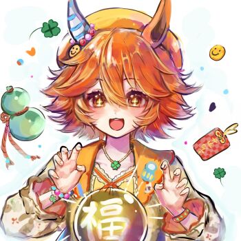 Rule 34 | + +, 1girl, animal ears, beret, blush, chinese commentary, chinese new year, clover, collarbone, commentary request, crystal ball, dress, ear covers, flipped hair, four-leaf clover necklace, hair between eyes, happy new year, hat, heart, highres, horse ears, horse girl, kk (pixiv 83235599), long sleeves, looking at viewer, matikanefukukitaru (lucky tidings) (umamusume), matikanefukukitaru (umamusume), new year, official alternate costume, open mouth, orange hair, partial commentary, short hair, single ear cover, smile, smiley face, solo, teeth, umamusume, upper body, upper teeth only, yellow hat