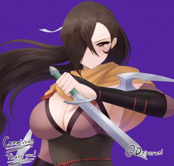 1girl artist_name blush breasts brown_hair cleavage commentary commission dagger doiparuni english_commentary fire_emblem fire_emblem_fates hair_over_one_eye highres holding holding_dagger holding_knife holding_weapon kagero_(fire_emblem) knife large_breasts long_hair looking_at_viewer nintendo purple_background red_eyes scarf solo thank_you twitter_username upper_body weapon yellow_scarf