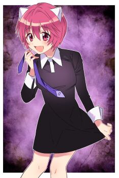 1girl black_dress blush commentary_request contrast_collar dress elfen_lied hair_between_eyes highres holding_necktie horns long_sleeves nana_(elfen_lied) necktie open_mouth pink_eyes pink_hair purple_background purple_necktie short_hair solo standing takumi_(scya)