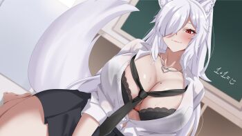 1girl absurdres animal_ear_fluff animal_ears barefoot black_bra black_necktie black_skirt blush bow bra breasts chalkboard closed_mouth collared_shirt discordia_(vtuber) fox_ears fox_girl fox_tail hair_over_one_eye heart heart_necklace highres indie_virtual_youtuber jewelry large_breasts mole mole_on_breast necklace necktie pleated_skirt red_bow red_eyes second-party_source shirt skirt solo sweat tail underwear virtual_youtuber white_hair white_shirt yobi_(ybpac18)