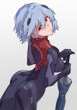 Rule 34 | 1girl, ass, ayanami rei, black bodysuit, blue hair, bodysuit, commentary, from behind, highres, holding, holding umbrella, interface headset (evangelion), looking at viewer, looking back, mecha pilot suit, neon genesis evangelion, plugsuit (evangelion), rebuild of evangelion, red eyes, short hair, simple background, solo, umbrella, white background, yagisawa teru