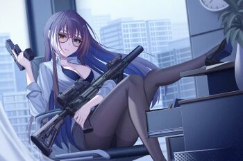 1girl alina_svard_kovalenko_(laotianaviator) angel_ina ar-15 black_bra black_skirt blouse blue_eyes bra breasts brown_pantyhose cleavage clock colored_shoe_soles commission elcan_scope facial_scar feet_on_table glock gun handgun heterochromia high_heels highres indoors looking_at_viewer multicolored_hair office office_lady optical_sight orange_eyes original pantyhose partially_unbuttoned pencil_skirt purple_hair rifle round_eyewear scar scar_on_cheek scar_on_face shirt skirt solo suppressor thighband_pantyhose underwear weapon white_shirt