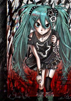 1girl alternate_costume aqua_eyes aqua_hair arm_warmers asymmetrical_legwear belt black_belt black_shirt black_skirt black_thighhighs collar commentary garter_straps gothic_punk guitar hair_ornament hatsune_miku instrument leaning_forward long_hair looking_at_viewer miniskirt pleated_skirt punk shirt single_arm_warmer single_garter_strap skirt solo spiked_collar spikes star_(symbol) star_hair_ornament star_print striped_arm_warmers thighhighs torn_clothes torn_shirt twintails untranslatable_commentary very_long_hair vocaloid yannchann