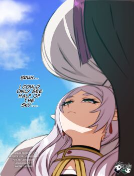 2girls breasts fern_(sousou_no_frieren) frieren jadenkaiba large_breasts long_hair meme multiple_girls sousou_no_frieren upward_angle_frieren_drawing_(meme)