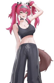 1girl absurdres alternate_costume arm_up bare_shoulders black_bow black_choker black_sports_bra bow breasts choker cleavage collarbone commentary earrings hair_bow hairband headgear highres jewelry large_breasts long_hair looking_at_viewer lupa_(wuthering_waves) metal_hairband midriff mollra multiple_hair_bows navel open_mouth orange_hair pants pink_hair red_pupils simple_background smile solo sports_bra sweatpants tail twintails white_background wolf_tail wuthering_waves yellow_eyes