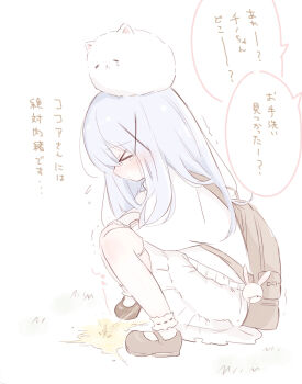 &gt;_&lt; 1girl absurdres animal animal_on_head backpack bag blue_hair blush bobby_socks brown_bag brown_shoes closed_eyes commentary dress full_body gochuumon_wa_usagi_desu_ka? hair_ornament hanamari_(siii_siii15) highres kafuu_chino loli long_hair long_sleeves mary_janes on_head pee peeing rabbit shoes skirt socks solo speech_bubble squatting symbol-only_commentary tippy_(gochiusa) translation_request white_dress white_socks x_hair_ornament