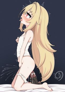 1girl absurdres blonde_hair blush dildo female_ejaculation female_masturbation female_orgasm highres horse_dildo kneeling loli long_hair masturbation open_mouth orgasm original panties panties_around_leg pussy_juice red_eyes sex_toy solo underwear vuta white_panties