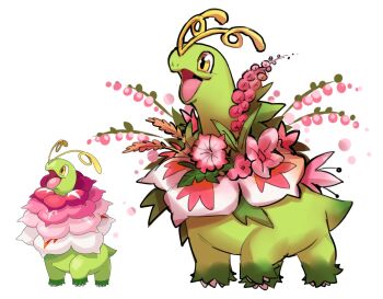 alternate_design antennae borvar colored_skin commentary english_commentary flower full_body gen_2_pokemon green_skin highres long_neck looking_ahead mega_meganium meganium neck_flower nintendo no_humans open_mouth pink_flower pokemon pokemon_(creature) pokemon_focus pokemon_legends:_z-a reference_inset simple_background smile tongue white_background yellow_eyes