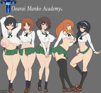 5girls absurdres akiyama_yukari black_hair black_panties black_thighhighs blue_eyes breasts full_body girls_und_panzer green_skirt grey_background hairband highres isuzu_hana large_breasts long_hair looking_at_viewer microskirt midriff multiple_girls navel nipples nishizumi_miho no_bra no_panties one_breast_out ooarai_school_uniform open_mouth panties reizei_mako short_hair side-tie_panties simple_background skirt small_breasts smile takebe_saori thighhighs underwear wankofool