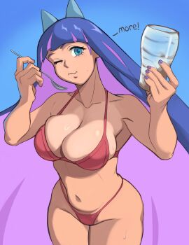 1girl aqua_eyes bikini blue_background blunt_bangs breasts cleavage collarbone colored_inner_hair commentary cowboy_shot cup eating english_text highres holding holding_cup holding_spoon large_breasts long_hair looking_at_viewer milkmountain multicolored_hair navel one_eye_closed panty_&amp;_stocking_with_garterbelt pink_hair purple_hair purple_nails red_bikini solo spoon stocking_(psg) swimsuit very_long_hair