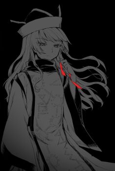 1girl black_background closed_mouth commentary_request cowboy_shot detached_sleeves expressionless greyscale hat highres holding holding_ribbon kaede_(mmkeyy) long_hair long_sleeves matara_okina monochrome red_ribbon ribbon solo spot_color tabard touhou wide_sleeves