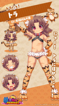 1girl animal_ear_fluff animal_ears animal_hands animal_print arm_up armpits bikini bikini_top_only black_panties brown_hair cat chibi club_(weapon) collar commentary_request elbow_gloves facial_mark full_body gloves grin hand_on_own_hip highres koihime_musou kuwada_yuuki legs_apart loli long_hair lowleg lowleg_panties multiple_expressions multiple_views official_art open_mouth panties paw_gloves paw_shoes print_gloves print_thighhighs red_eyes scar second-party_source smile standing suzukuri_karin-chan swimsuit tail thighhighs tiger_ears tiger_girl tiger_print tiger_tail tora_(koihime_musou) translation_request twintails underwear weapon