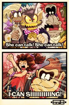 1girl 2koma aged_down bridgeoffaust brown_hair child comic donkey_kong donkey_kong_(series) donkey_kong_bananza fangs freckles gorilla grumpy_kong hair_tie highres necktie nintendo pauline_(mario) pauline_(young)_(mario) poppy_kong reference_sheet smile surprised the_simpsons void_kong