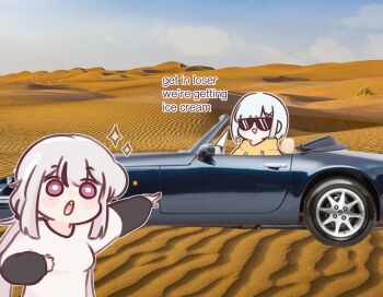 2girls :> :o artist_self-insert black_shirt blue_hair blue_sky blush_stickers breasts bush car chibi chibi_only chonkyorca cloud cloudy_sky commentary convertible day desert drawstring english_commentary english_text eyebrows female_focus grey_hair hair_between_eyes hair_ornament highres hood hood_down hoodie horizon layered_sleeves long_hair long_sleeves looking_at_another looking_at_viewer low_twintails medium_breasts meme motor_vehicle multicolored_hair multiple_girls open_mouth orca_(chonkyorca) original outdoors outstretched_arm photo_background photo_inset pointing pointing_at_another puffy_long_sleeves puffy_sleeves purple_eyes sand sand_dune shirt short_hair short_over_long_sleeves short_sleeves sidelocks sitting sky small_breasts sparkle standing streaked_hair sunglasses teeth triangle_mouth twintails two_soyjaks_pointing_(meme) upper_body upper_teeth_only vehicle_interior white_hair white_shirt wide-eyed x_hair_ornament yellow_hoodie