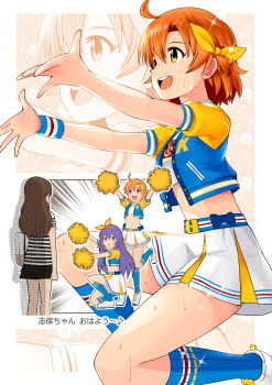 3girls absurdres ahoge arms_up black_skirt blue_jacket blue_socks bow bow_hairband brown_hair cheerleader crop_top hair_between_eyes hair_bow hairband highres idolmaster idolmaster_million_live! idolmaster_million_live!_theater_days jacket kitazawa_shiho kneehighs long_hair midriff miniskirt mochizuki_anna multiple_girls noborinosato on_one_knee open_clothes open_jacket orange_hair outstretched_arms pleated_skirt pom_pom_(cheerleading) purple_hair shirt short_hair short_sleeves skirt socks solo_focus stomach striped_clothes striped_shirt sweatdrop white_skirt wristband yabuki_kana yellow_bow yellow_eyes yellow_hairband yellow_sleeves