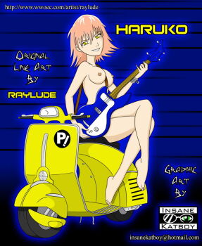 1girl barefoot blue_background breasts electric_guitar flcl grin guitar haruhara_haruko holding holding_guitar holding_instrument insanekatboy instrument large_breasts looking_at_viewer motor_vehicle nipples nude pink_hair raylude scooter short_hair sitting smile teeth vespa yellow_eyes